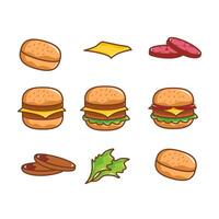 Food Illustrations Collection. Three different styles of burgers, ranging from a simple bun to a fully assembled burger with multiple toppings vector