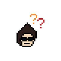 Face of character cartoon pixel of man male boy with question mark 8 bit art style. vector