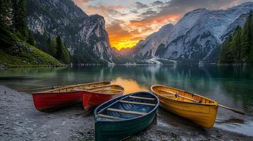 Three boats are sitting on the shore of a lake photo