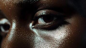 A close up of a woman's face with dark skin photo