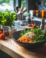 A bowl of food sitting on a counter photo