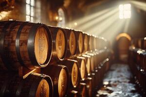 Barrels of wine in a cellar with sunlight streaming through photo