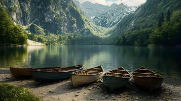 A group of boats sitting on the shore of a lake photo