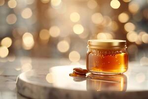 Honey jar with honey on table with bokeh lights background photo