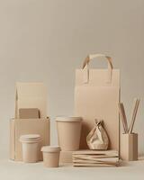 Paper packaging mockup with paper cups and paper bags photo