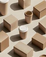 Many different types of cardboard boxes and cups photo