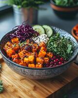 A bowl of vegetables and salad on a cutting board photo