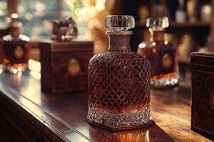 A bottle of whiskey sits on a table next to a box photo