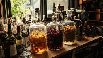 A table with a bunch of bottles of different drinks photo