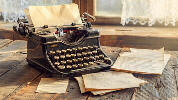 An old typewriter sits on a wooden table with papers and a note photo