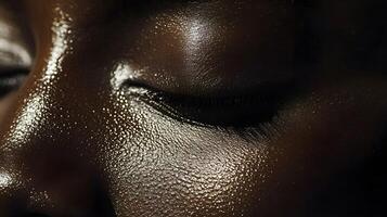 A close up of a woman's face with a gold eye shadow photo