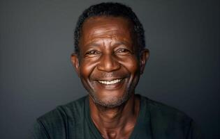 An older black man smiling in front of a gray background photo