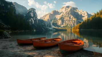 Three boats are docked on the shore of a lake photo