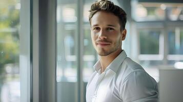 A man in a white shirt standing in front of a window photo