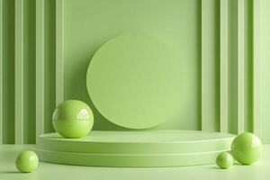 Green easter eggs on a pedestal with a round white oval photo