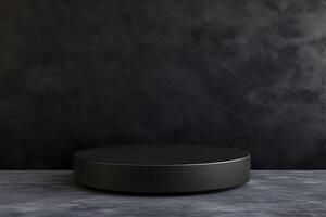 Black round table on concrete wall with copy space photo