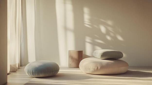 Three pillows and a wooden stool in front of a window photo