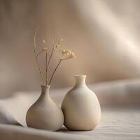 Two white vases with dried flowers sitting on a table photo