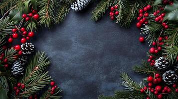 Christmas wreath with berries and pine cones on a black background photo