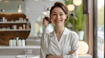 A woman in a white shirt is standing in front of a mirror photo