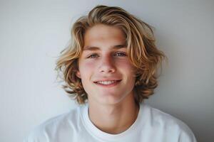 A young man with long hair smiling photo