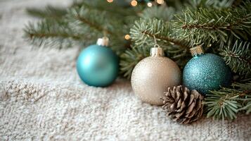 Three christmas balls are on a white background photo