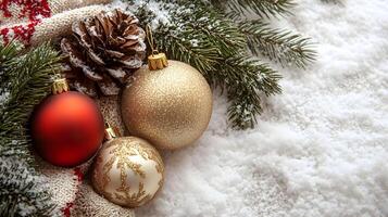 Christmas decorations on a snowy background photo