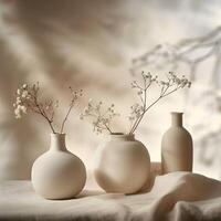 Three white vases with flowers in them photo