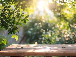 A wooden table with leaves in the background photo