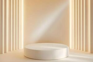 Round white pedestal in a room with white walls photo