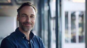 A man with a beard and blue shirt is smiling photo