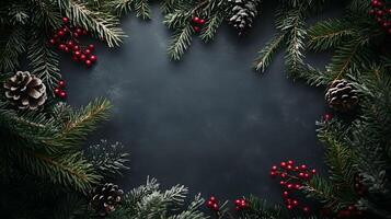 Christmas background with fir branches and berries on a blackboard photo