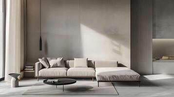 A modern living room with a large window and a couch photo