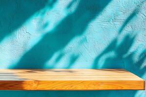 A wooden table with a flower on it photo