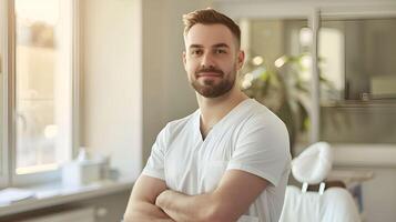 A man in a dental office with his arms crossed photo