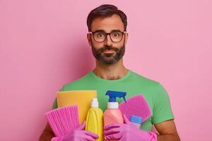 Man with glasses holding cleaning products photo
