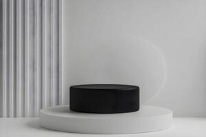 A black round object on a white pedestal photo