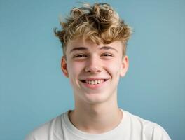 Portrait of a smiling teenage boy on blue background photo