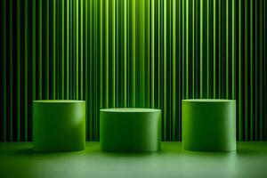 Three green pedestals in front of a green wall photo