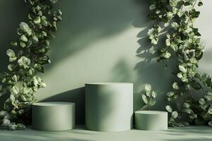 Three green pedestals with leaves on them photo