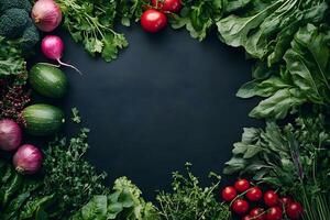 Fresh vegetables arranged in a circle on a black background photo