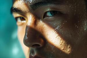 A man with wet hair and a blue eye photo