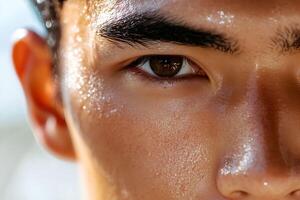 A close up of a man's face with water on his eyes photo