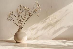 A vase with dried flowers sitting on a table photo