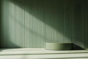A green room with a table and a wall photo