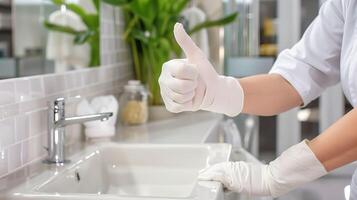 A person in white gloves is holding up a thumb photo