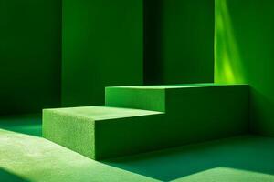 A green room with a staircase and a green wall photo