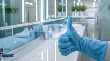 A person in a blue glove giving a thumbs up photo