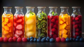 Fruit juices in bottles photo