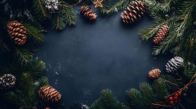 Christmas wreath on black background with copy space photo